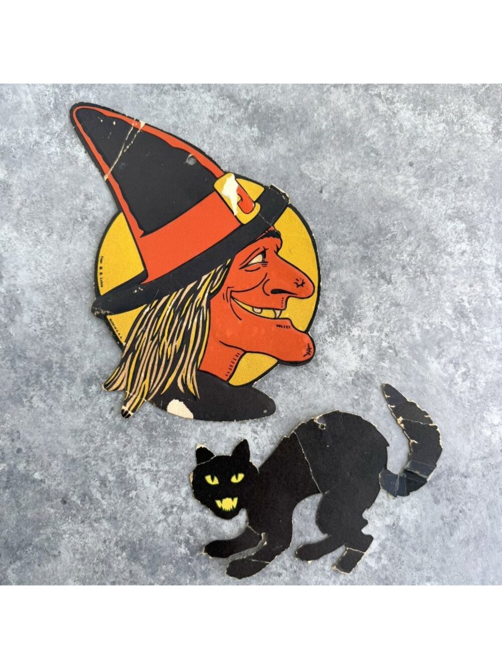LUHRS Halloween Witch w/ Moon & Dennison Black Cat Die Cut Decoration 1950s